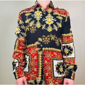Forever 21 Floral Gold Button Down Long-sleeve Shirt Mens Small Colorful